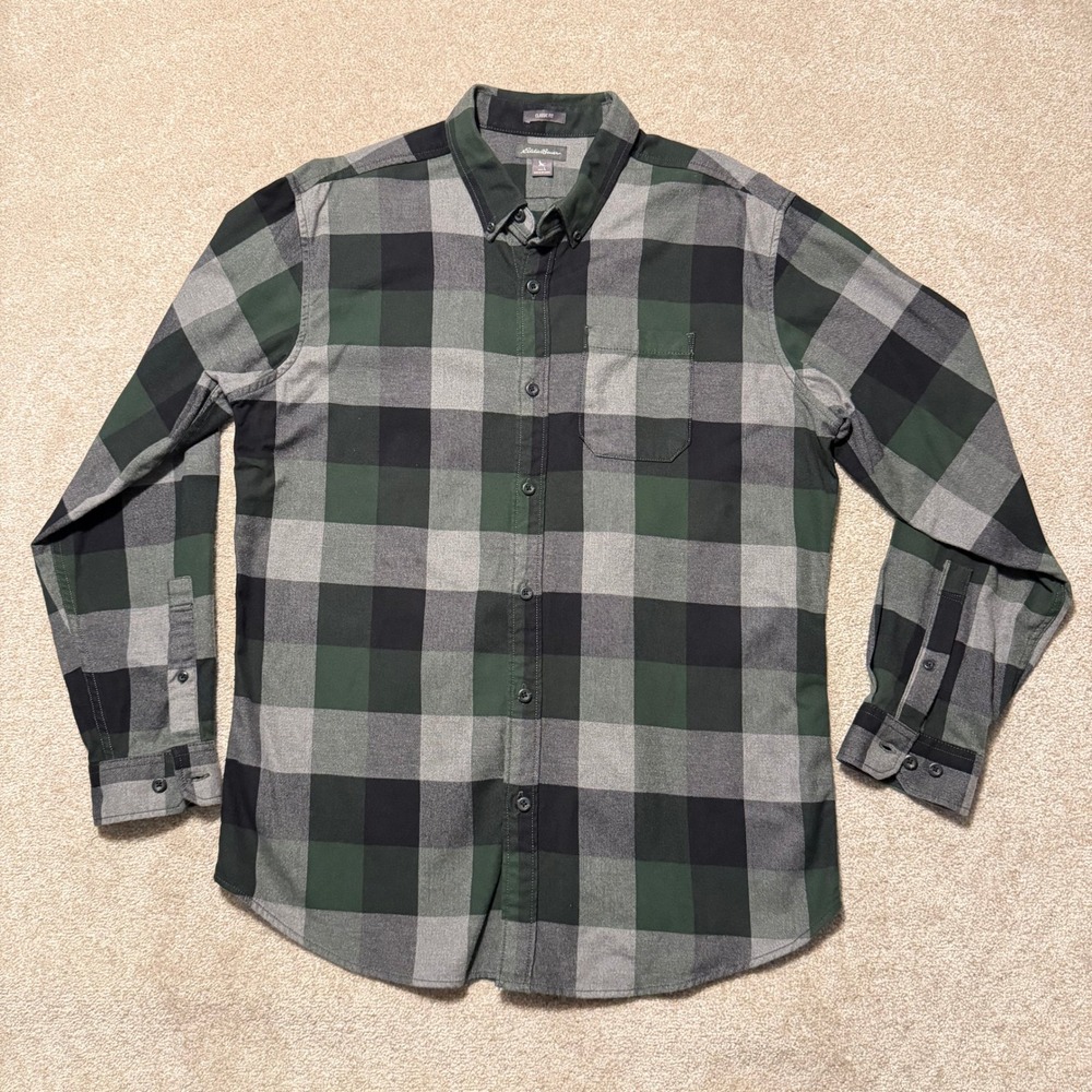 Eddie Bauer Flannel Shirt Mens L Green Grey Buffalo Plaid Classic Fit Cotton
